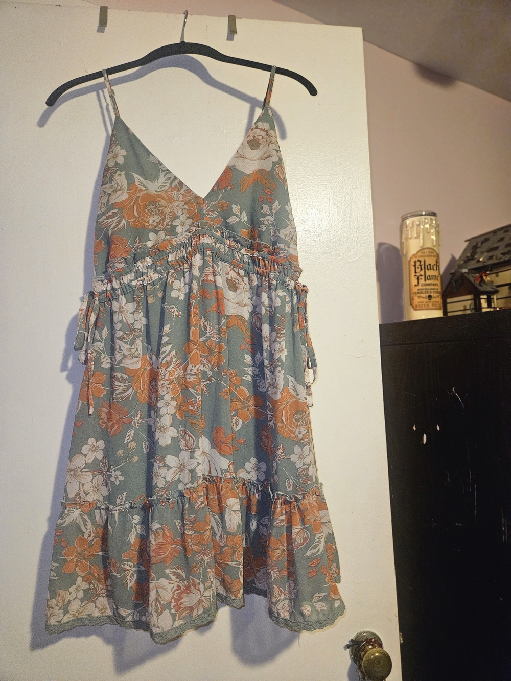 Floral Tie-Waist Mini Dress in Sage and Orange